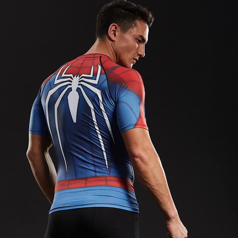 家族マッチング スパイダーマン コンプレッション ワークアウト Tシャツ バック ビッグ ホワイト スパイダーウェブ スーツ プリント 速乾性 伸縮性 半袖