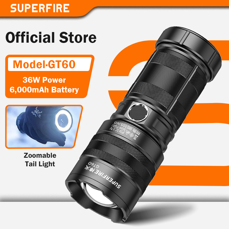 Superfire GT60 36 ワット電源 Led 懐中電灯戦術緊急スポットライト伸縮ズーム 1680 ルーメン Type-C 充電式キャンプトーチ