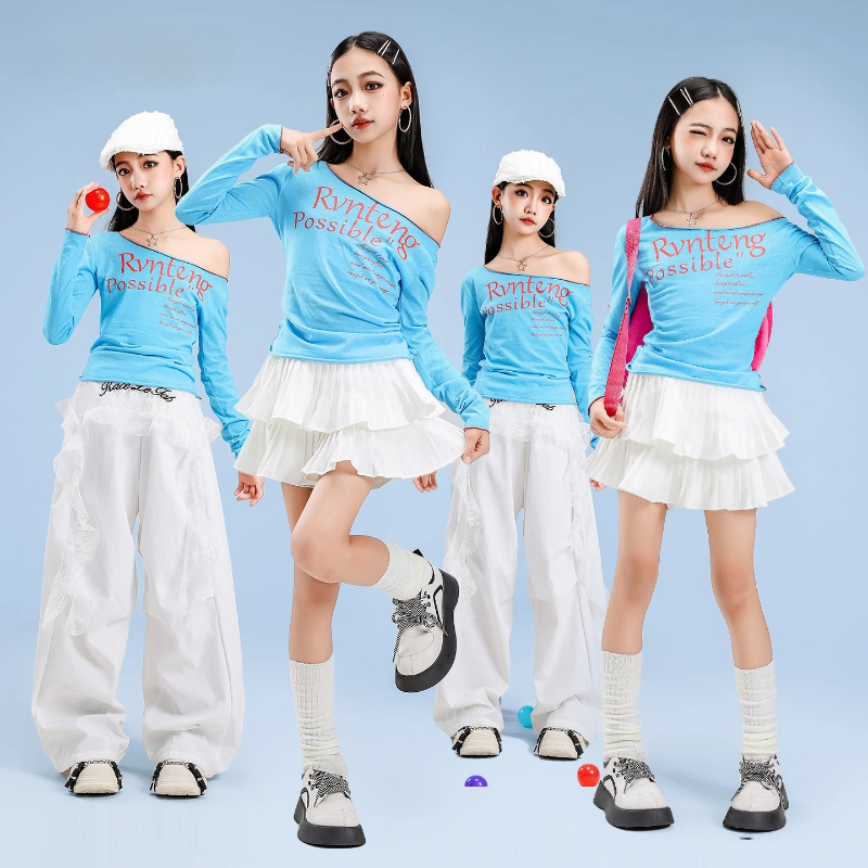 ガールズヒップホップオフショルダー長袖トップ白パンツストリートダンススカート衣装クール K-POP ストリートグループジャズ服セット