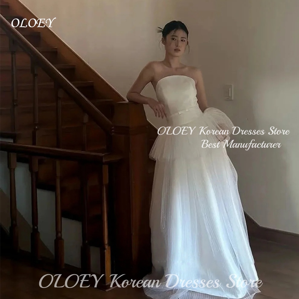 OLOEY 光沢のあるウエストリボンストラップレスのウェディングドレス韓国写真撮影ボールガウンティアードプリンセスフロアレングスブライダルドレスカスタマイズ