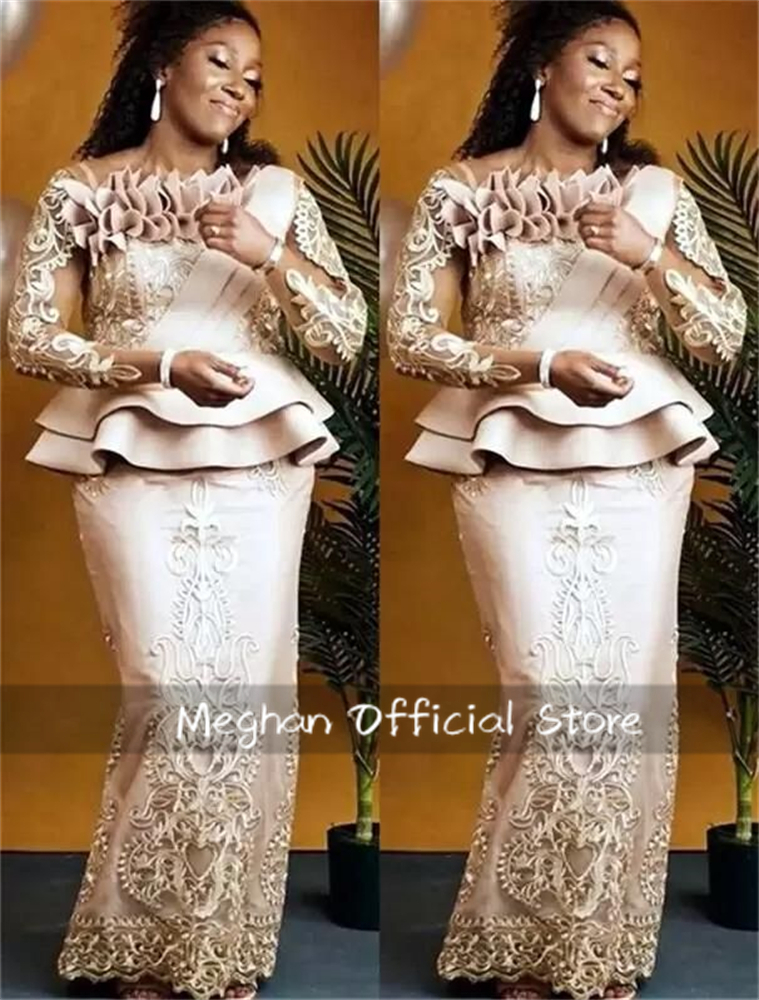 シャンパンアップリケ麻生エビイブニングドレスティアード誕生日ドレス女性 2024 フルスリーブ特別な日のガウンカスタマイズ