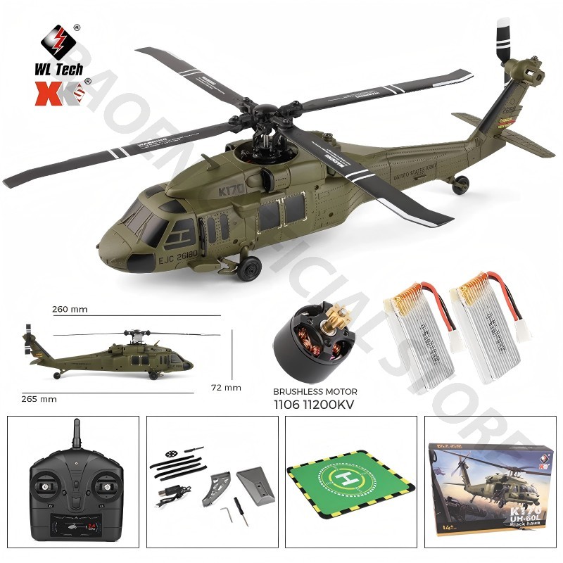 Wltoys ブラック イーグル K170 UH-60L 2.4 グラム 4 チャンネル 6 軸ジャイロ ブラシレス モーター ミリタリー グリーン リモート コントロール ヘリコプター