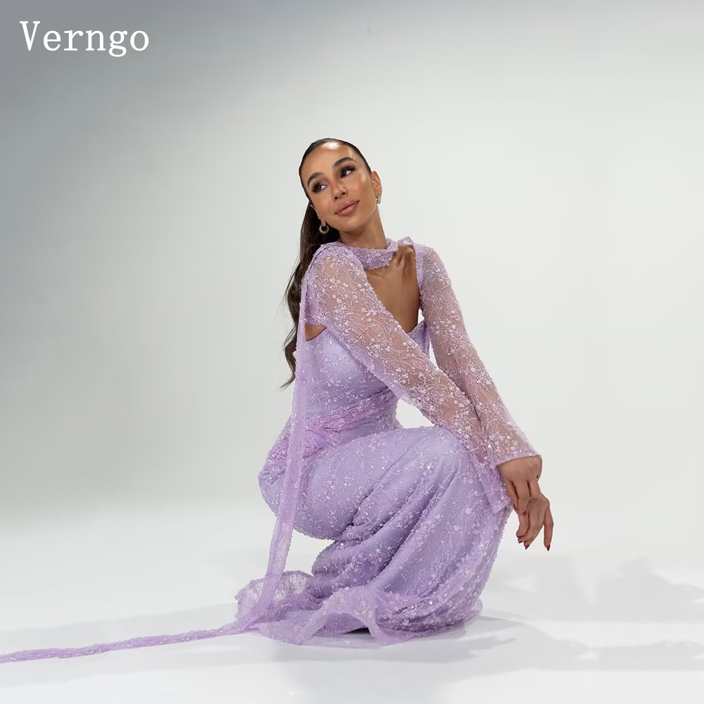 Verngo パープルレース高級イブニングドレススクエアカラーフルスリーブフォーマルオケージョンドレスイードアラビアウエディングドレスカスタマイズ