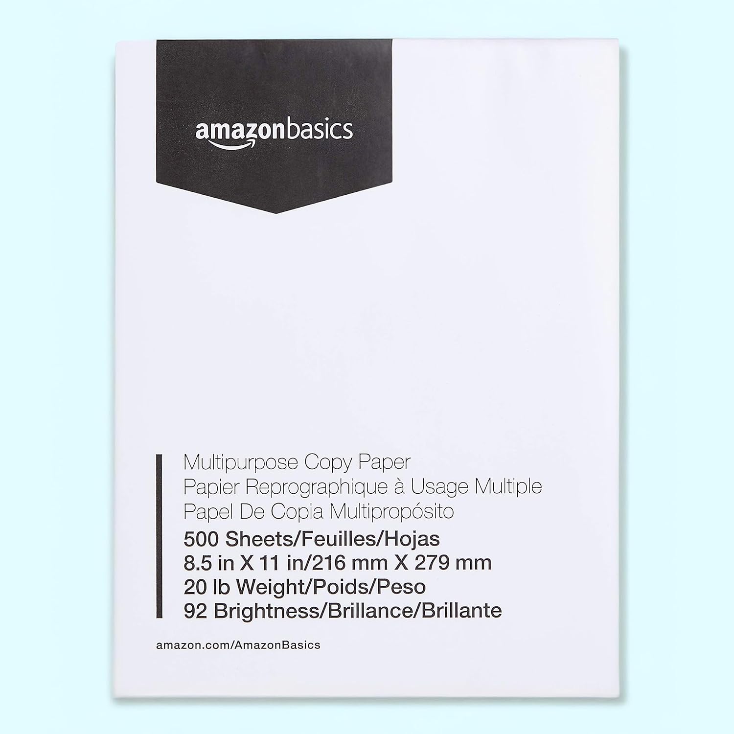 Basics 多目的コピープリンター用紙、8.5 x 11 インチ、20 ポンド、92 ブライト、ホワイト、1 連 (500 枚)、紙詰まりなし