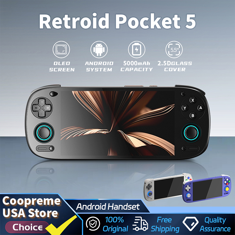 Retroid Pocket 5 ハンドヘルドゲームコンソール 5.5 ''AMOLED スクリーン Android13 ジョイスティック RGB 照明効果アクティブ冷却ビデオゲーム
