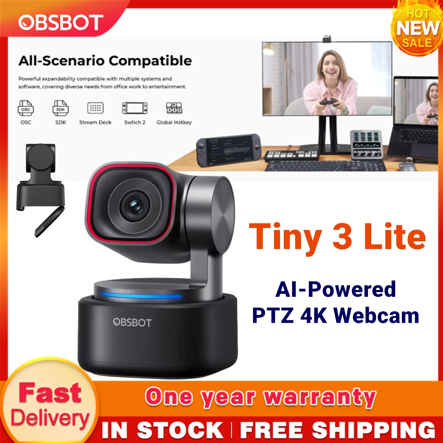 OBSBOT Tiny 3 Lite AI 搭載空間オーディオ 4K ウェブカメラ コンパクト AI トラッキング PTZ カメラ PC、Mac、ラップトップ、ストリーミング、ミーティング用