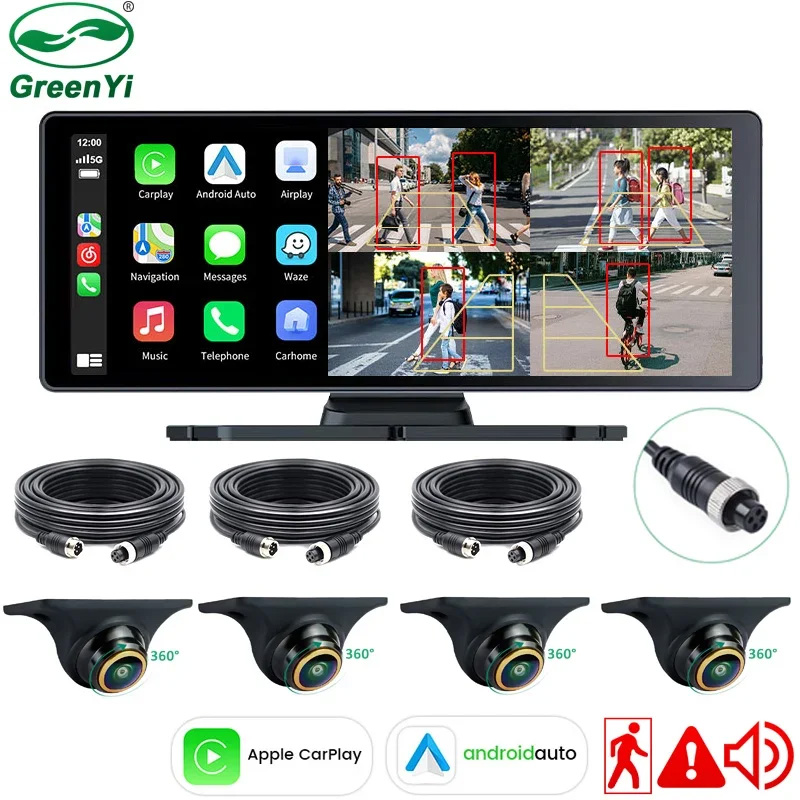 GreenYi 4CH ブラインドスポット BSD アラームワイヤレス Apple Carplay GPS Android-Auto 9 インチ車 DVR 記録モニター 4 AHD1080P ミニカメラ付き