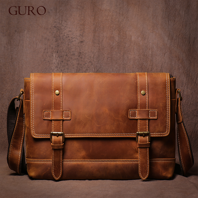 GURO メンズ レトロメッセンジャーバッグ クレイジーホースレザー ブリーフケース 高品質ショルダースリングバッグ 高級クロスボディ 12.9 インチ Ipad 用
