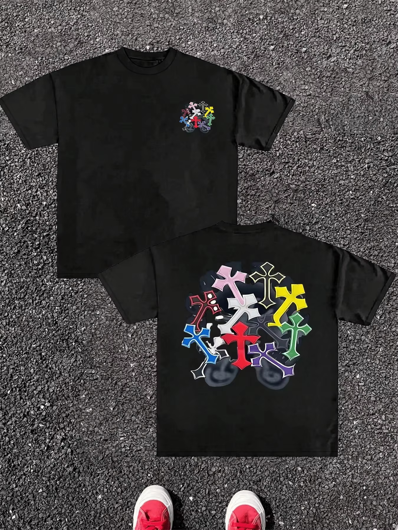 原宿ストリートピュアコットンメンズ Tシャツ両面デジタルプリントカラフルなクロスグラフィック通気性ユニセックスカジュアルトップス