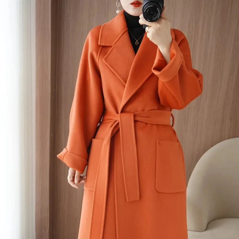 100% ウールコート婦人服 2026 秋冬ファッション気質両面カシミヤコートベルトエレガントなロングオーバーコート