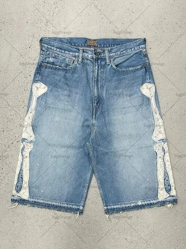 Deeptown Y2k ヴィンテージ原宿デニムショーツ女性ウォッシュレター刺繍タッセルアメリカンレトロジーンズ男だぶだぶのヒップホップ Jorts