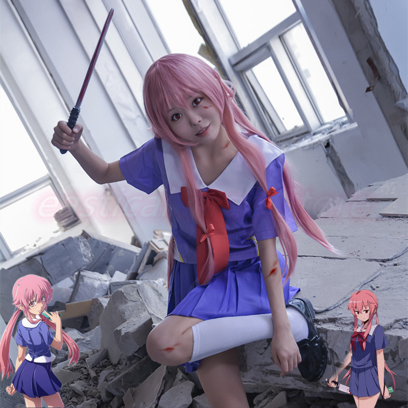 衣装コスプレアニメ 2Nd 未来日記画彩ゆのセーラー制服女性ロリータドレスカーニバルパーティー赤い弓かつらフルセット