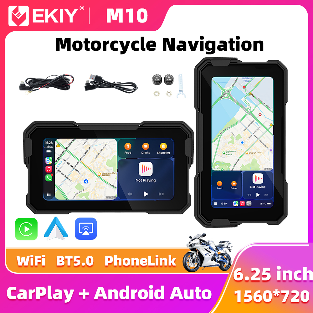 EKIY 6.25 インチワイヤレス CarPlay Moto Android Auto ポータブルデジタルダッシュボード GPS オートバイナビゲーション取り外し可能な表示画面