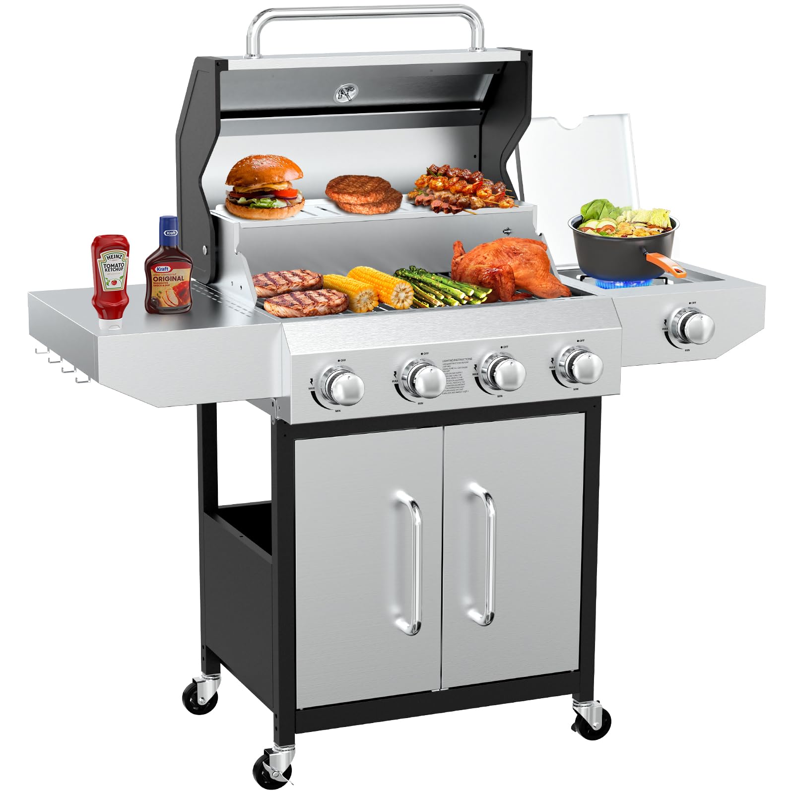 BESTFIRE 4 バーナーガスグリル 60000 BTU プロパン BBQ ステンレス鋼 647 平方インチ鋳鉄格子サイドバーナー収納キャビネットパティオ
