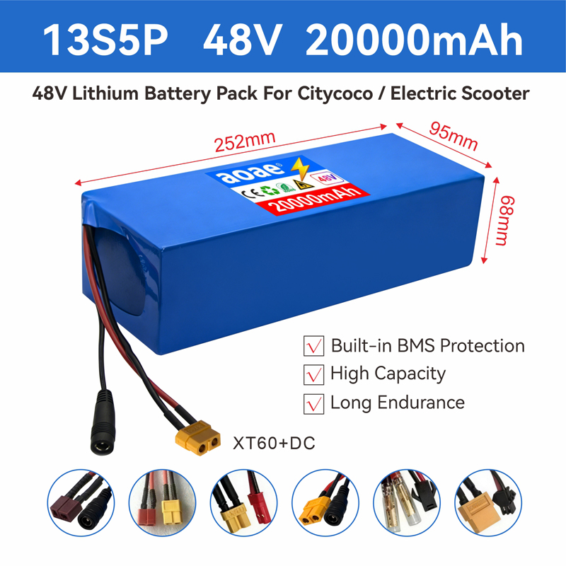 48V 電動スクーターバッテリー 13S5P 20Ah 18650 グレード A セル 2000 ワット内蔵 BMS XT60 JST 高容量長距離安全