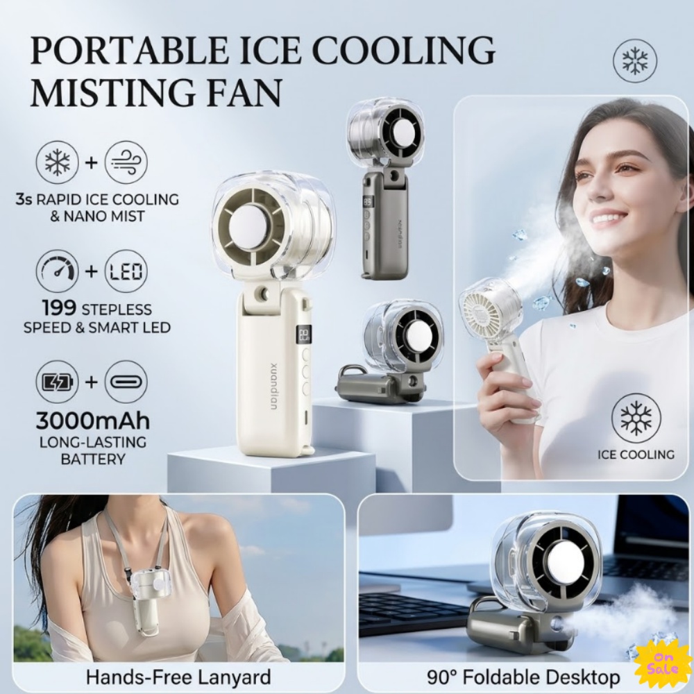 ミニポータブルファン折りたたみ式90°ハンドヘルドエアクーラー、アイスプレート付き