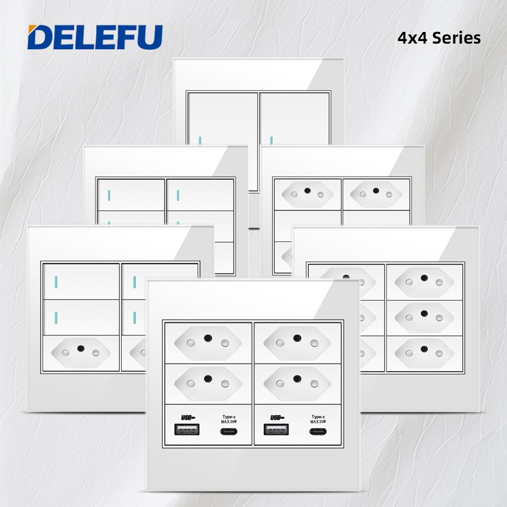DELEFU 4x4 耐火ガラスパネル ブラジル標準コンセント ダブル USB タイプ C 壁電源ソケット ライトスイッチ オフィス ホワイト 10A 20A