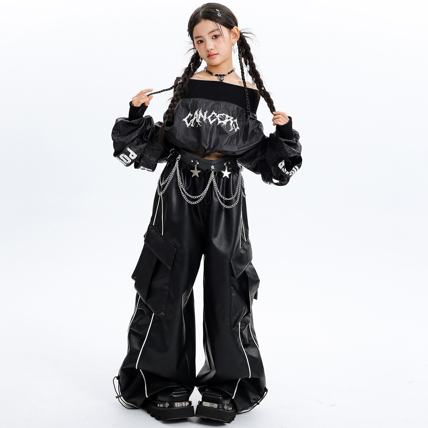 Kid Kpop Hip Hop Clothing Black Off Shoulder Puff Sleeve Top Stripe PU Leather Cargo Pants for Girl Street Dance Costume Clothes