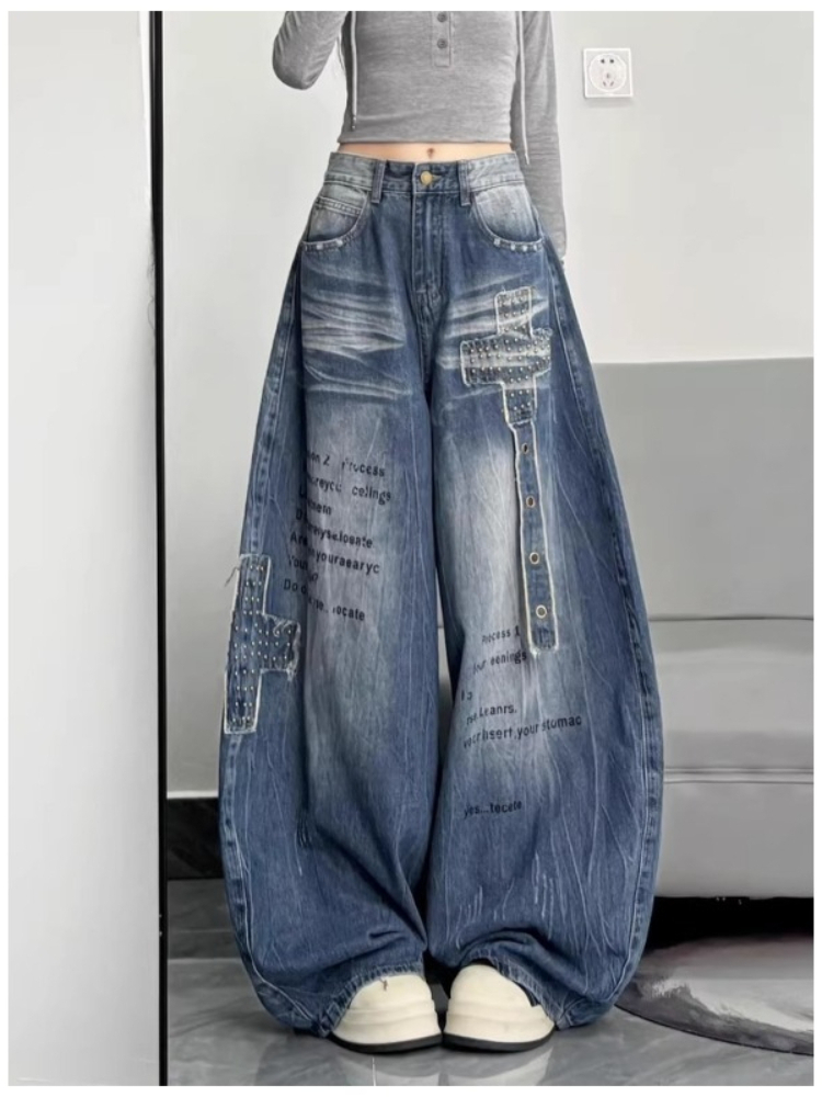 女性原宿ストリート Y2K だぶだぶのジーンズハイストリートワイドレッグカーブナイフデニムパンツヴィンテージウォッシュレターデザインズボン