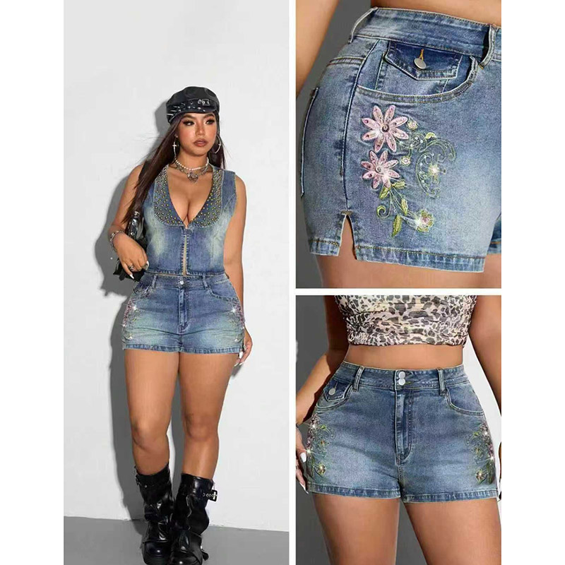 ビッグサイズ夏の女性のレトロなファッションショートパンツガールズブルーデニムショーツレディシックな刺繍ハイウエストショートジーンズ