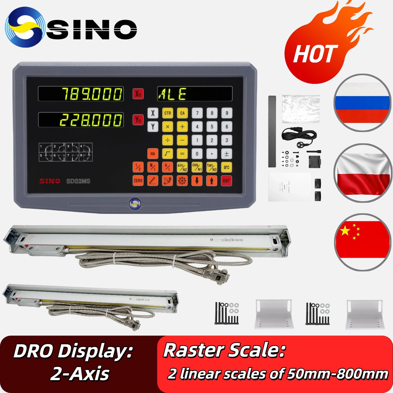 新しい SDS2MS 2 軸 DRO デジタル読み出し AC110V/220V ディスプレイとフライス旋盤用 2 個の 100-1000mm リニアスケールエンコーダ