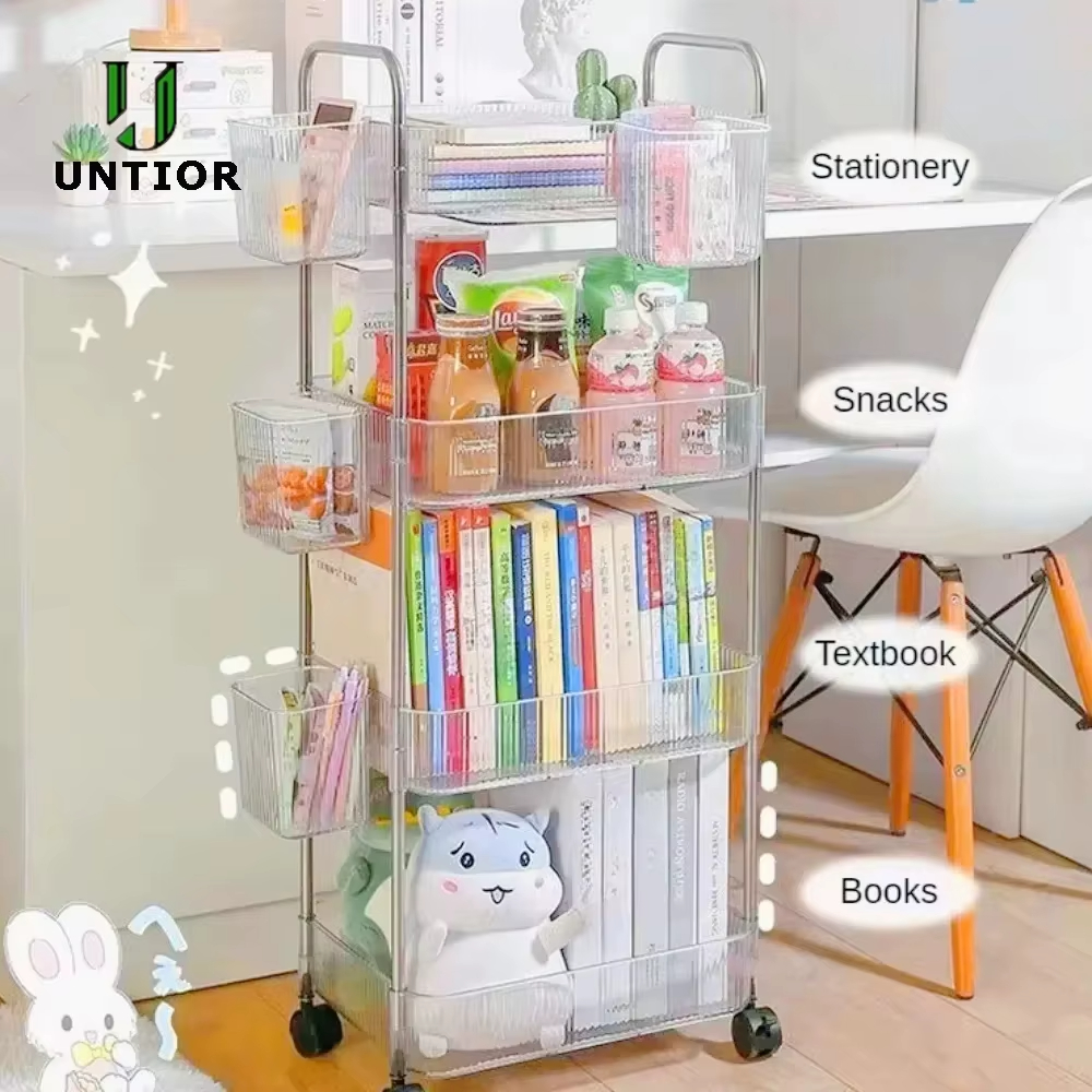 2/3/4 Tier Light Luxury Storage Rack Trolley Transparent Acrylic Rolling Cart With Removable Hanging Baskets Snacks Bookshelf