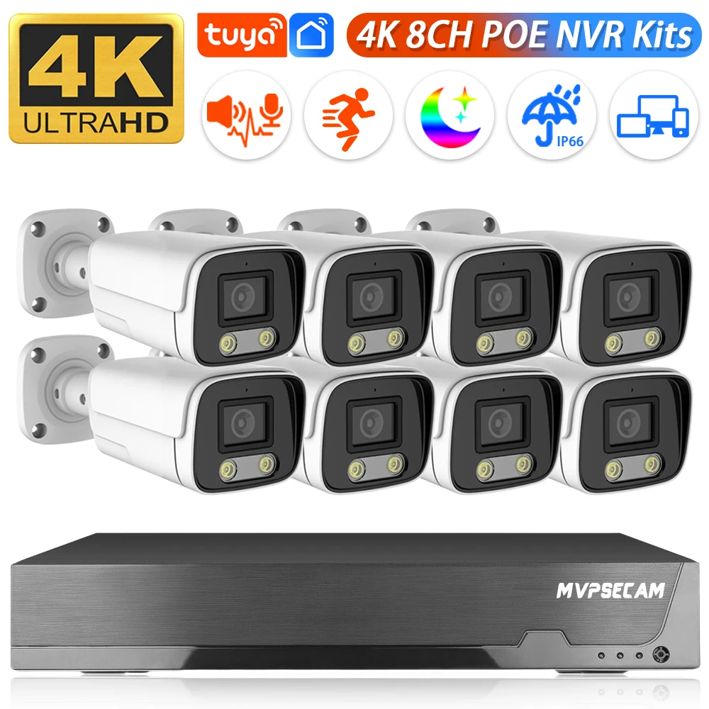 Tuya アプリ 8CH 4K 8MP POE セキュリティカメラシステム双方向オーディオ 8MP NVR キット CCTV 屋外 IP カメラ H.265 P2P ビデオ監視セット