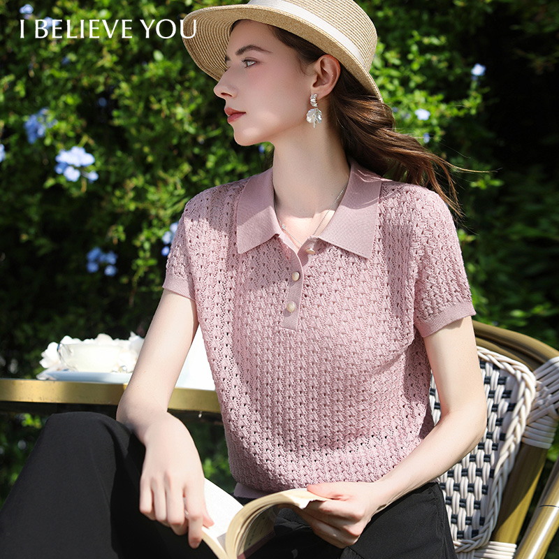 I BELIEVE YOU 半袖ポロカラーニット Tシャツ 2026 春の新作チェック柄くり抜きルーズ優しいトップス女性用 2261146256