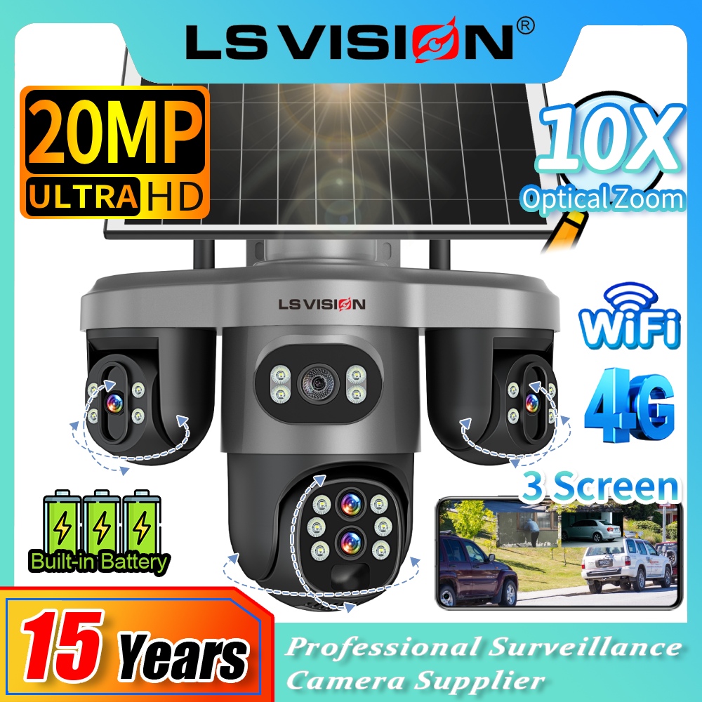 LS VISION 20MP 4 レンズ 3 スクリーン 4 グラムソーラーカメラ屋外 WiFi 10X 光学ズーム自動追跡 Wifi 監視カメラ V380 プロ