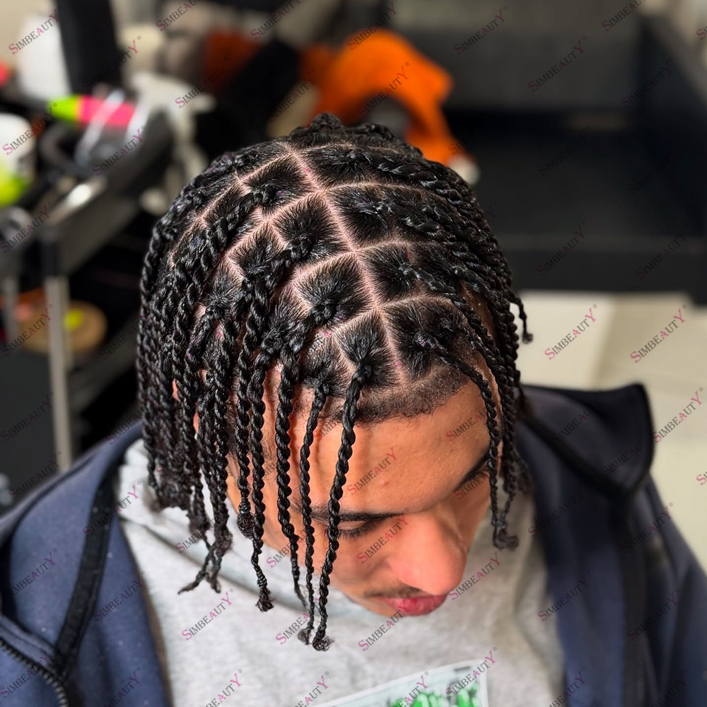 手作りツイスト三つ編み人毛マイクロスキン PU ベースかつら黒人男性ドレッドヘアアフロヘアスタイル男性の毛細血管プロテーゼ
