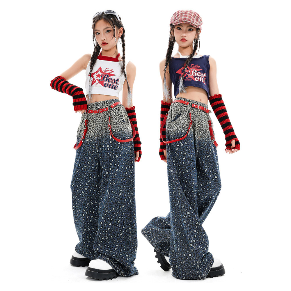 女の子ヒップホップ作物五芒星サスペンダートップ子供 K-POP ヒョウパンツストリートダンス服セット子供グループ衣装