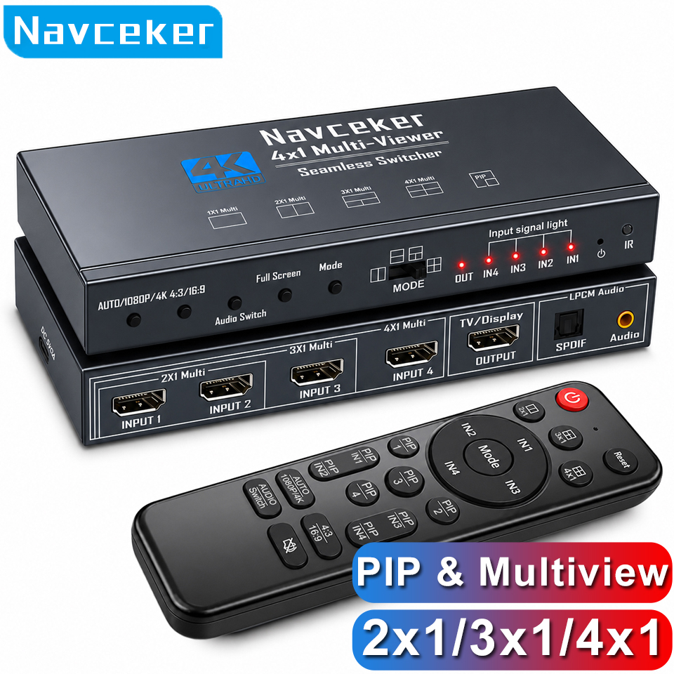 Navceker 4K HDMI クアッドスクリーン マルチビューアー 2x1 3x1 4x1 PIP シームレス スイッチ 4 イン 1 アウト HDMI マルチビューアー カメラ PC からモニター用