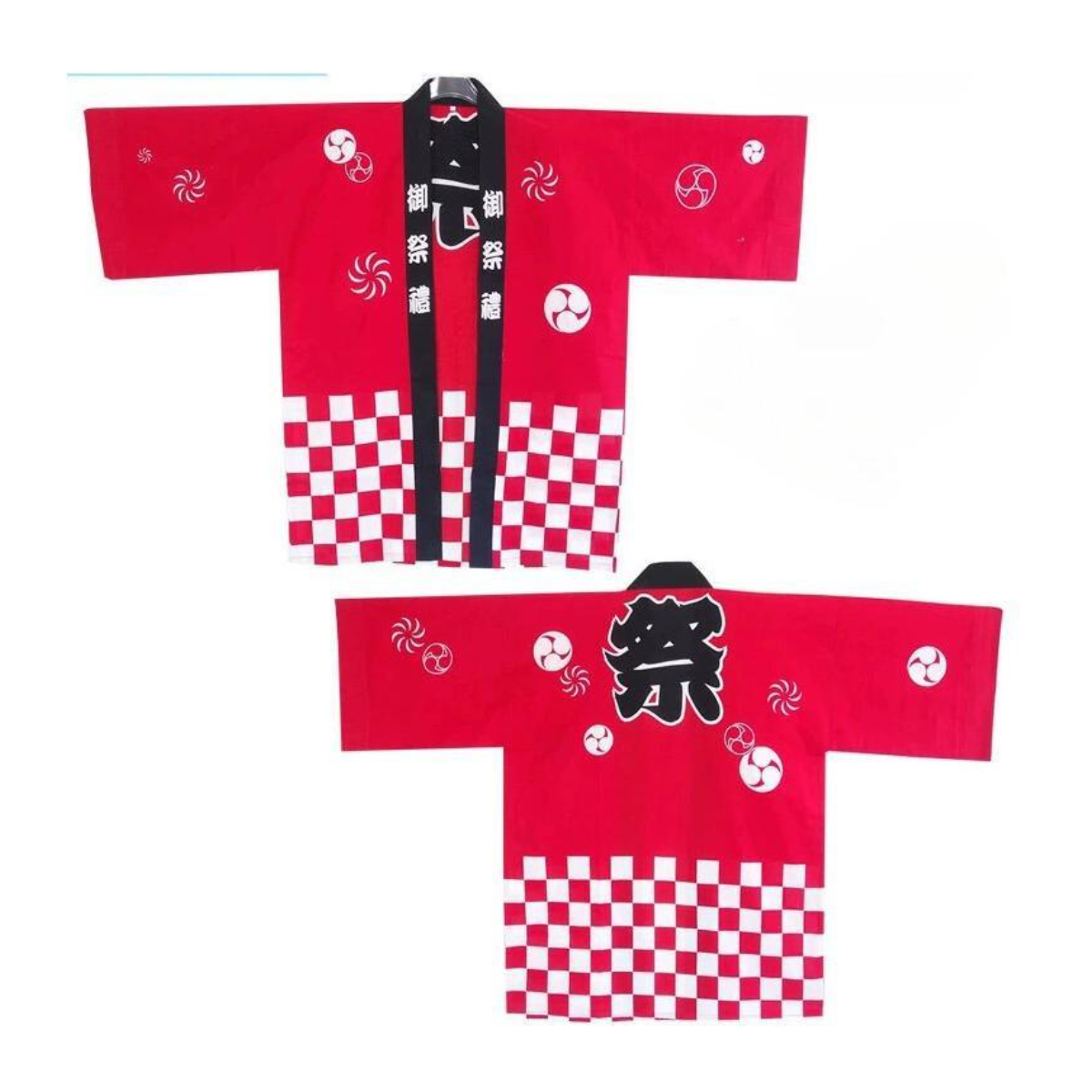和風祭り法被 市松プリント 前開きショート着物ローブ 伝統的なシンボル付き 夏パーティーコスチューム用