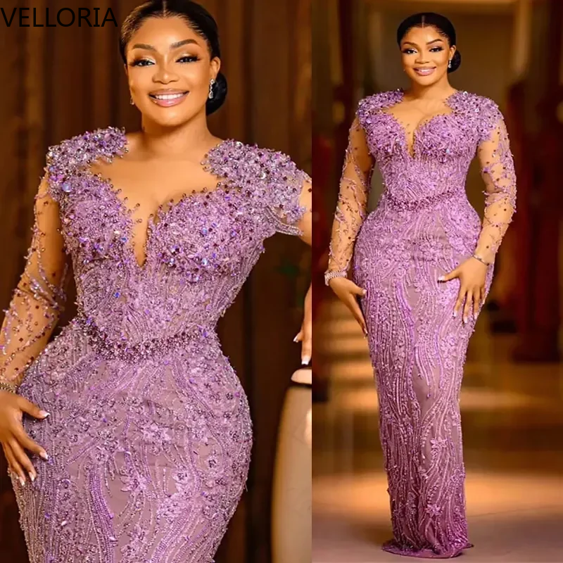 Purple Beaded Evening Dress for Black Women Sexy V-Neck Long Sleeve Prom Dress Mermaid Floor-Length Party Gown Customized