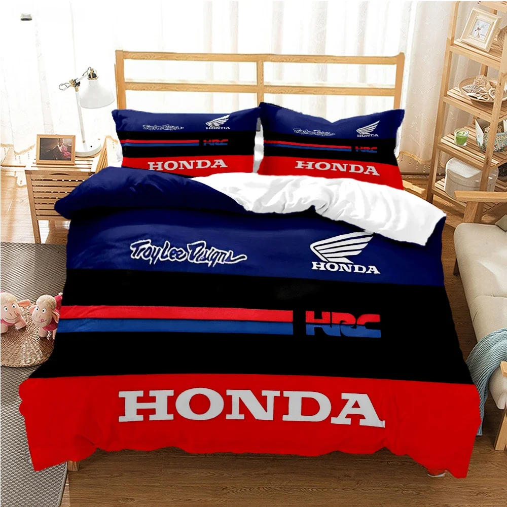 HRC-HONDA オートバイロゴ布団カバー掛け布団寝具セットソフトキルトカバーと枕カバーティーン用シングル/ダブル/クイーン/キング
