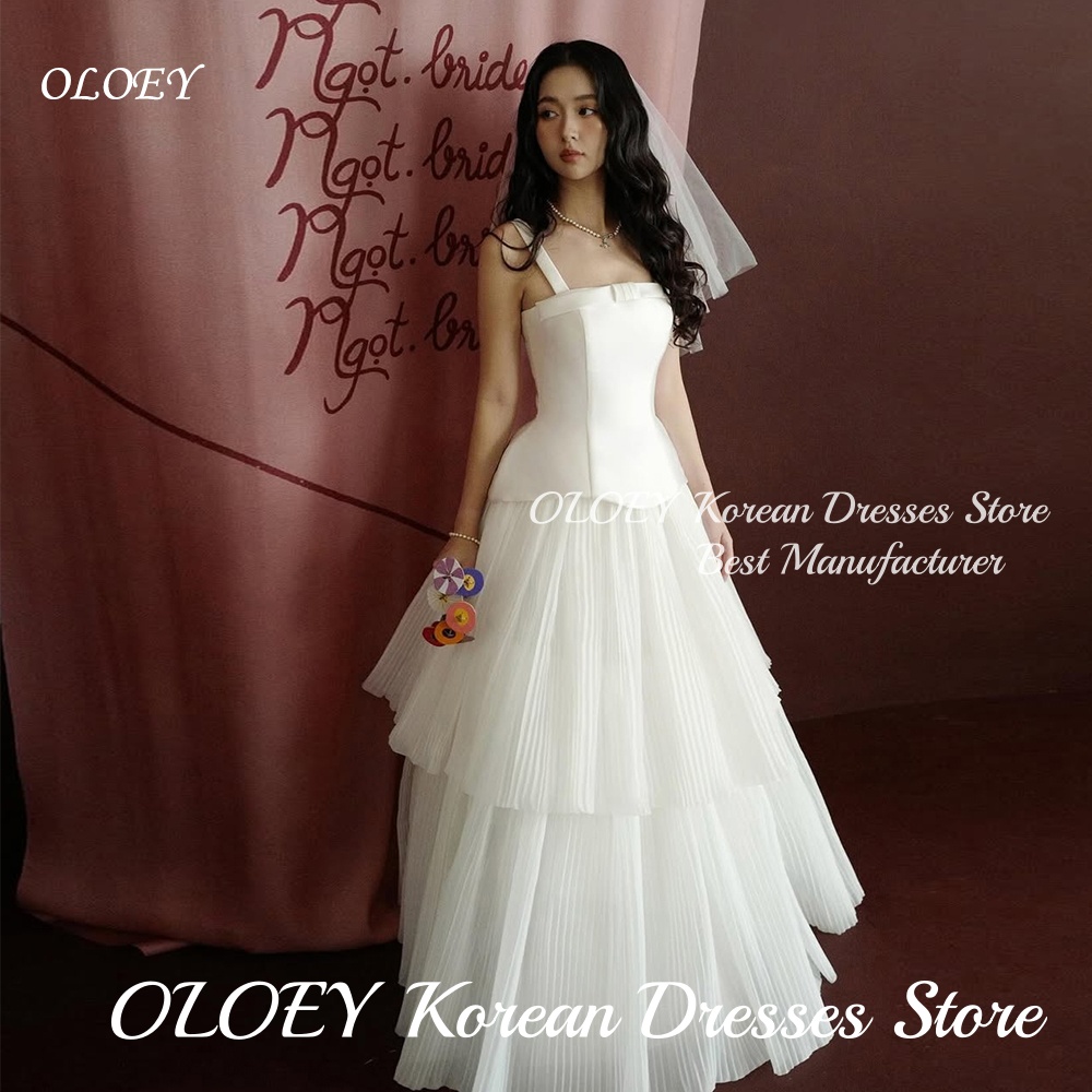 OLOEY シンプルなアイボリーチュールプリーツ韓国のウェディングドレスノースリーブブライダルドレス写真撮影用カスタマイズ Vestidos Novias Boda Wom