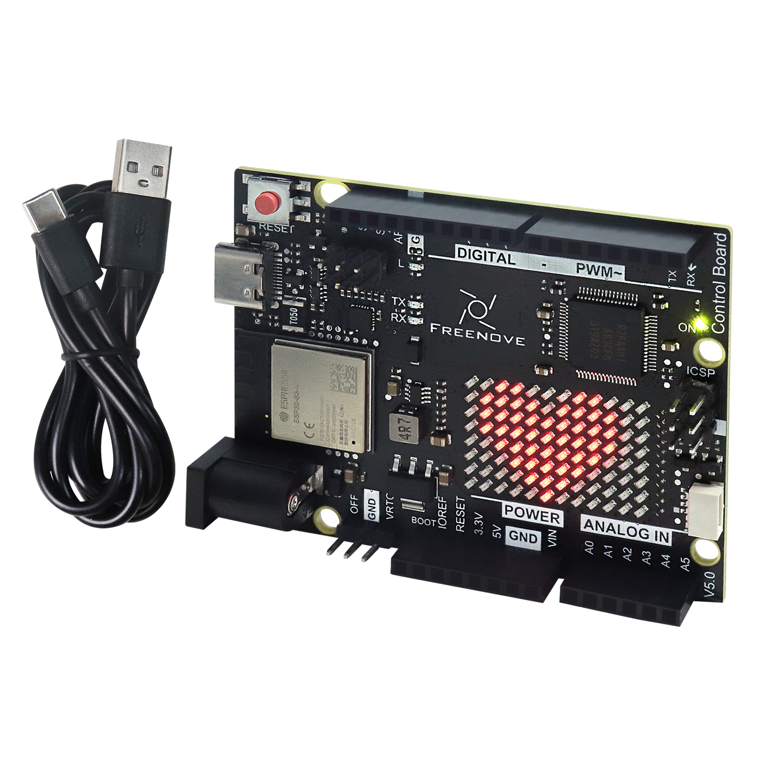 Arduino UNO R4 WiFi Mini用FreenoveコントロールボードV5、Arm Cortex-M4、オンボードESP32-S3、LEDマトリックス、USB-C、チュートリアルコード