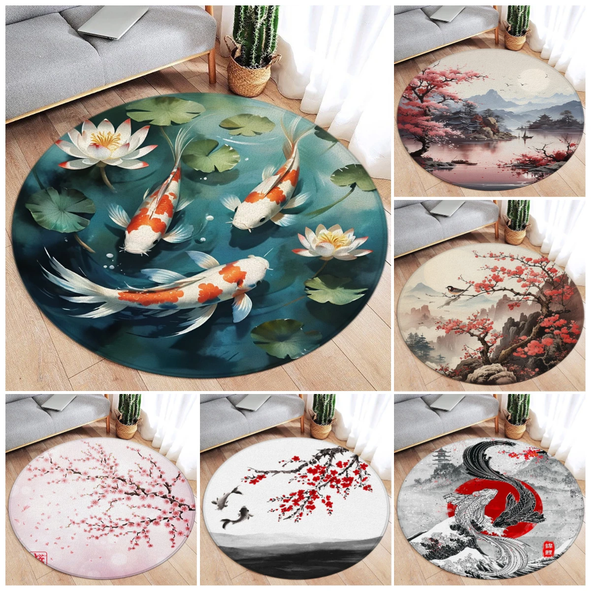 和風ラウンドカーペット鯉魚蓮桜の花山水インクアートホームリビングルームの寝室の装飾床敷物