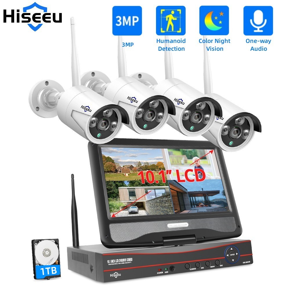 Hiseeu 3MP ワイヤレスセキュリティカメラキット屋外防水 IP カメラ監視 CCTV システムセット 10 "/12" モニター 10CH NVR