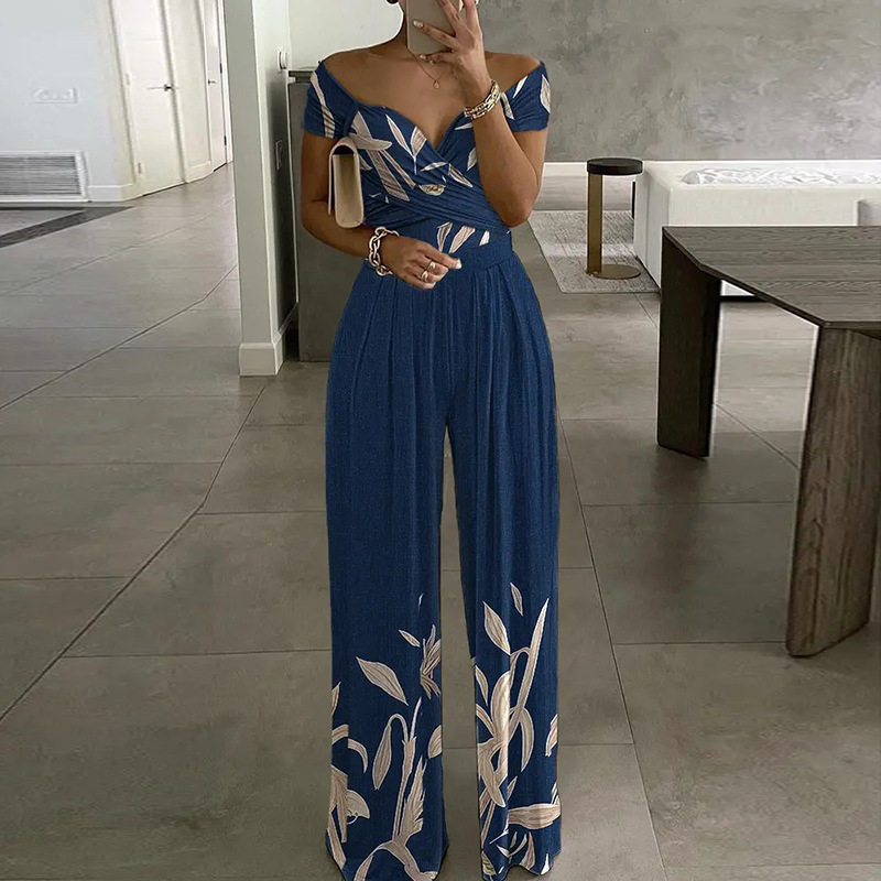 Women's Spring and Autumn Fashion Printed Wide Leg Short Sleeved Elegant V-Neck Jumpsuit