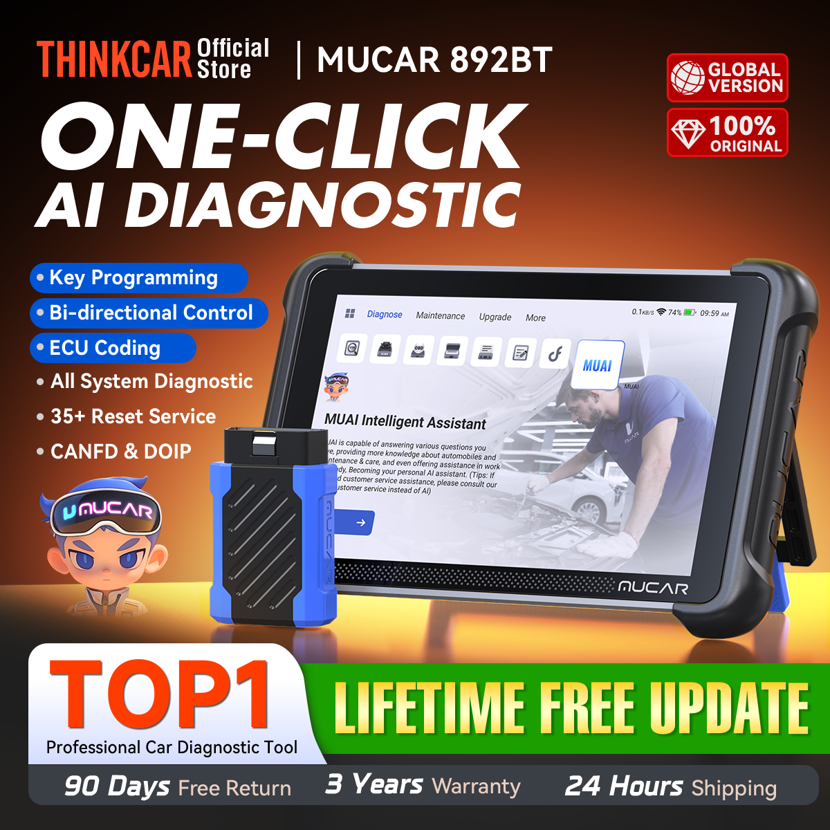MUCAR 892BT キープログラミング AI 自動車診断ツール双方向 Obd2 スキャナ ECU コーディング CANFD DOIP 35 リセットライフフリー