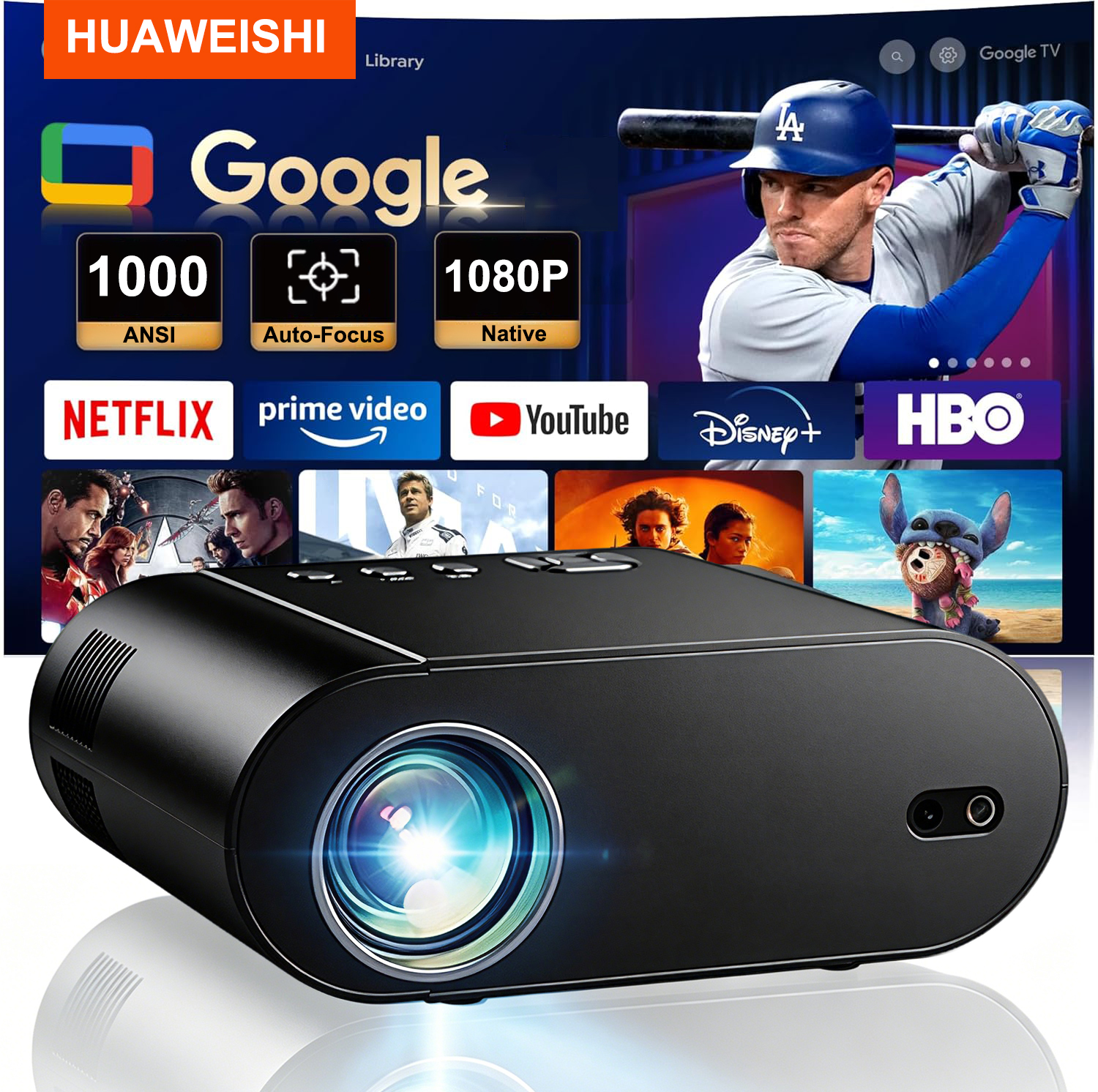 2025 Huaweiishi L007 4K 1000ANSI ネイティブ 1080P プロジェクター オートフォーカス台形補正 BT5.2 Android 11 WIFI6 ホームシネマ