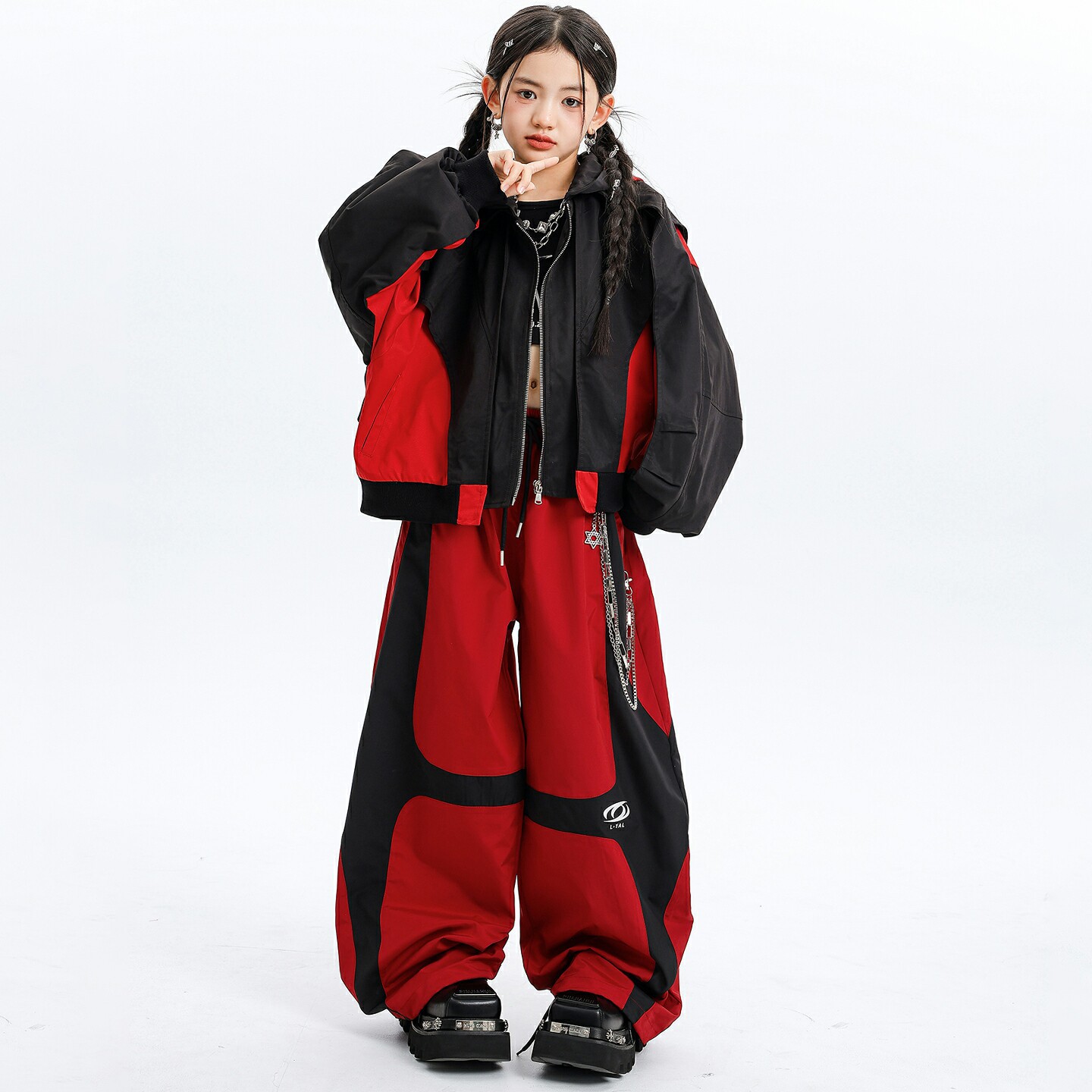 Kid Kpop Hip Hop Clothing Black Zip up Short Hoodie Jacket Top Red Casual Wide Pants for Girls Jazz Street Dance Costume Clothes