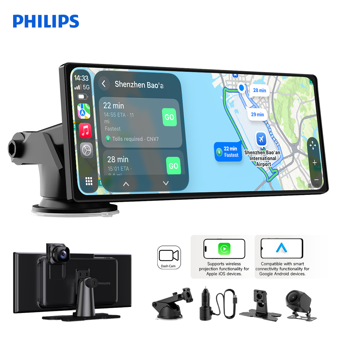 フィリップス 10.25 インチ スマート ダッシュ カム ISO ワイヤレス CarPlay および Android Auto と互換性あり、ループ録画、内蔵スピーカー
