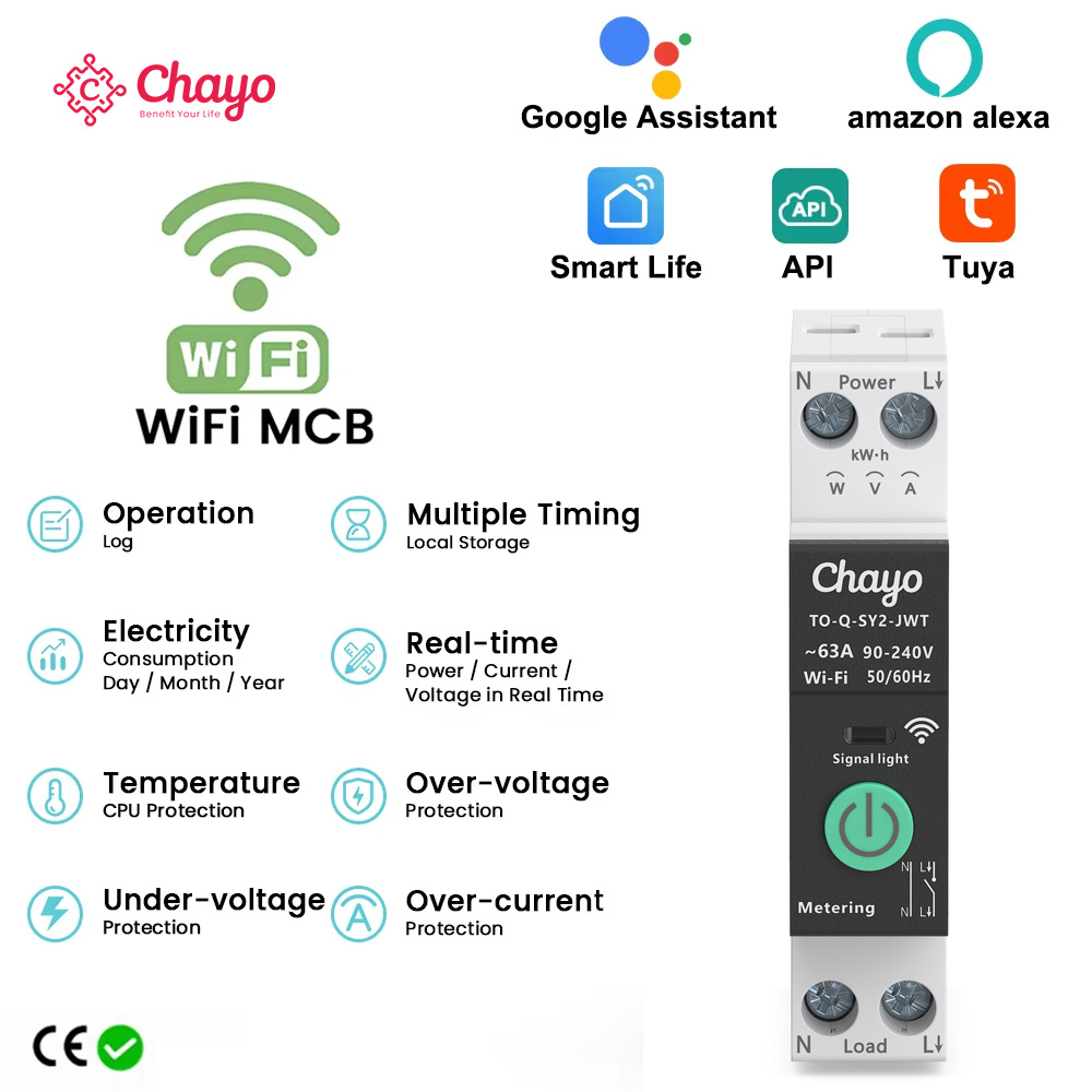 TUYA スマート WiFi MCB サーキットブレーカー、電力計測およびワイヤレス制御 (1-63A) 付き、過電流および不足電圧保護