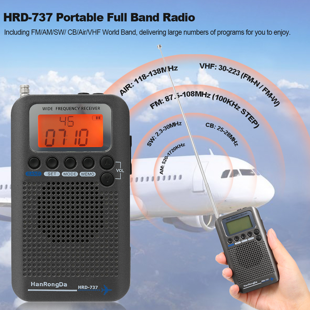 HanRongDa HRD-737 ポータブルフルバンドラジオ航空機バンド受信機 FM/AM/SW/CB/Air/VHF ワールドバンド LCD ディスプレイ付き目覚まし時計