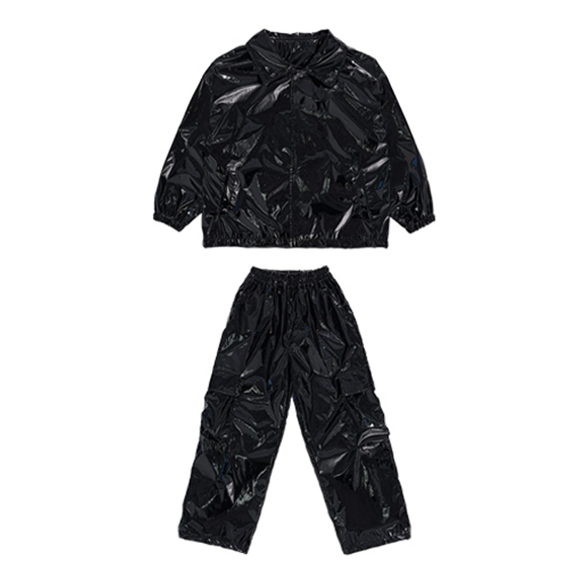Girls Loose Red Black Leather Suit Coat Pants Performance Wear Teenager Boys Hip Hop Dance Costume Jazz Dance Clothes