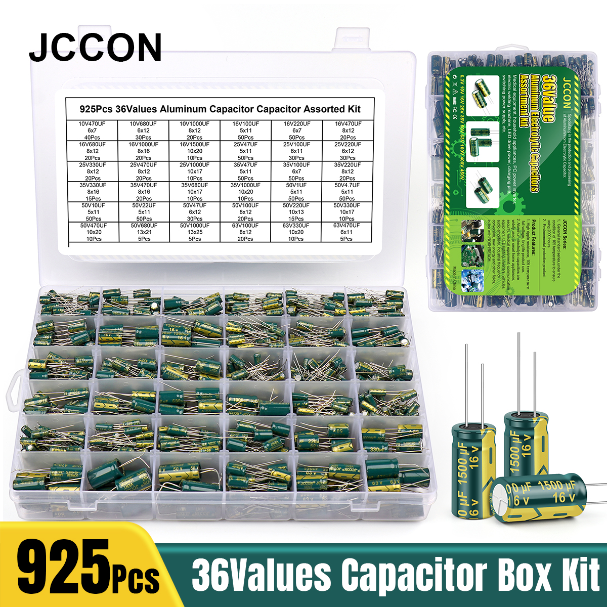 JCCON 925 個 36 値アルミ電解コンデンサ詰め合わせキット低 ESR 1uF 4.7uF 10uF 22uF 47uF 100uF 220uF 330uF 470uF