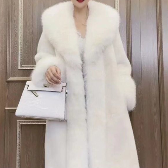 フェイクファーコート女性ロングコート厚く暖かいターンダウン襟オープンステッチ春アウタージャケットエレガントなスプライス秋冬