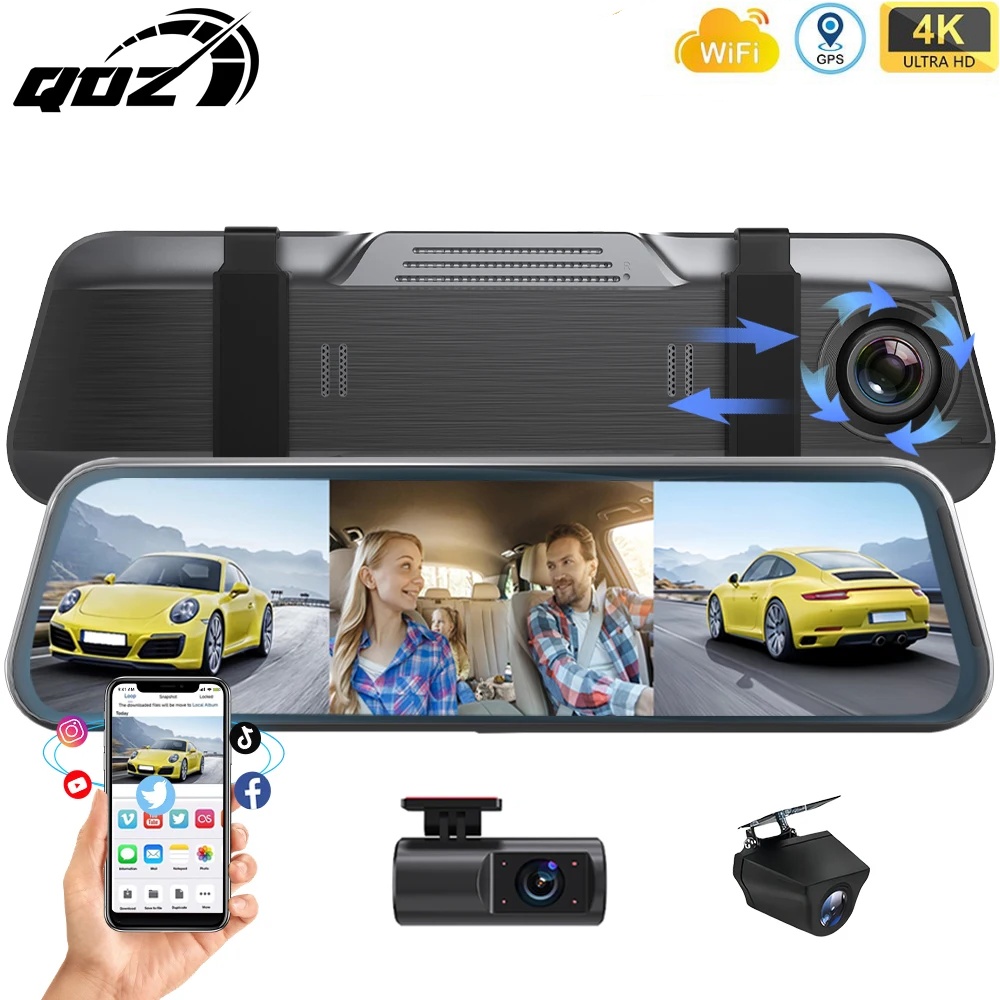 QOZ 10 インチ 3 カメラ 4K 車ダッシュカム バックミラー DVR ミラー ナイトビジョン ループ録画 G センサー付き WIFI 運転ビデオレコーダー
